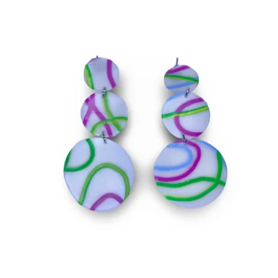 Pendientes largos circulares morados verdes y blancos