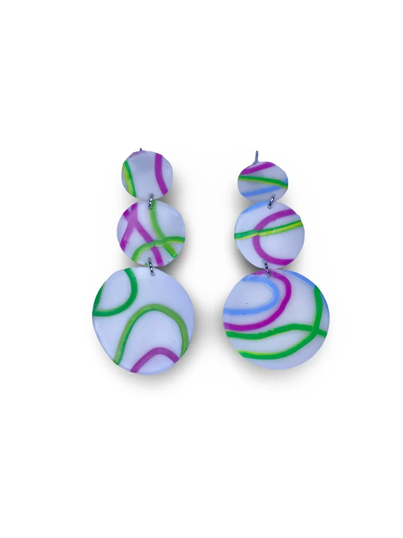 Pendientes largos circulares morados verdes y blancos